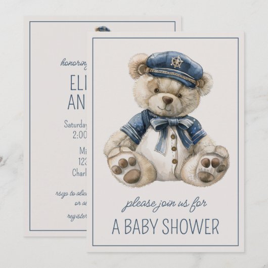 Invitation Cute Nautique Bleu ours bébé Personnalisé (Devant / Derrière)