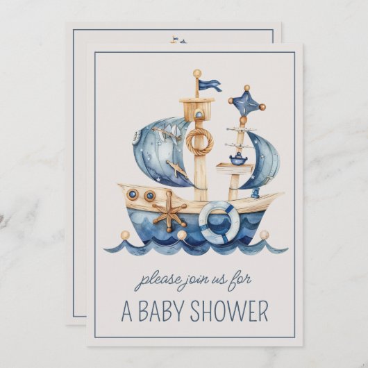 Invitation Cute Nautique Bleu Voilier Personnalisé (Devant / Derrière)