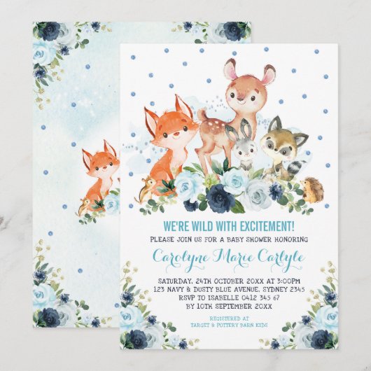 Invitation Cute Navy Baby shower d'animaux de la forêt de boi (Devant / Derrière)