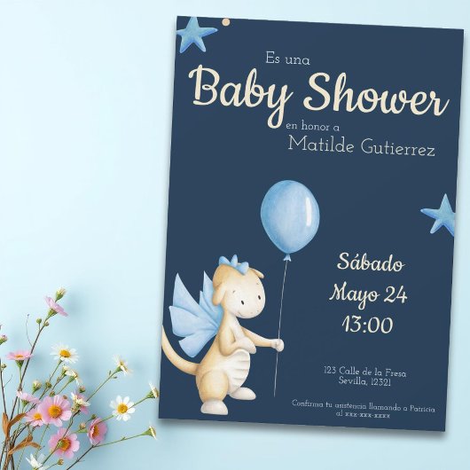 Invitation Cute Navy Blue Dragon Espagnol Baby shower Garçon