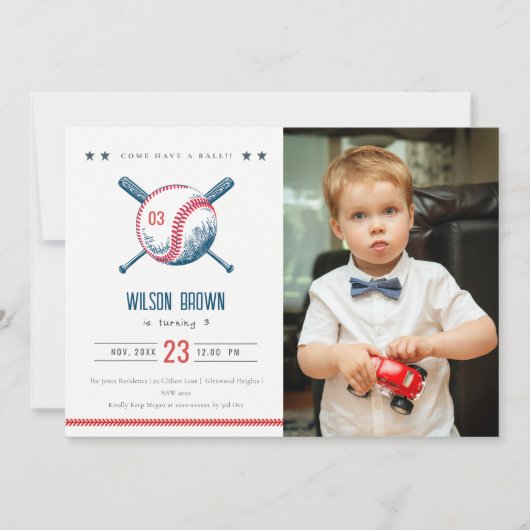Invitation Cute Navy Red Baseball Enfants Photo Anniversaire (Devant)