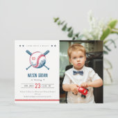 Invitation Cute Navy Red Baseball Enfants Photo Anniversaire (Debout devant)
