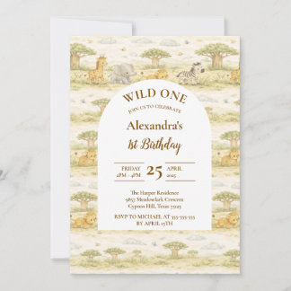 Invitation Cute Neutral Safari Animals First Birthday