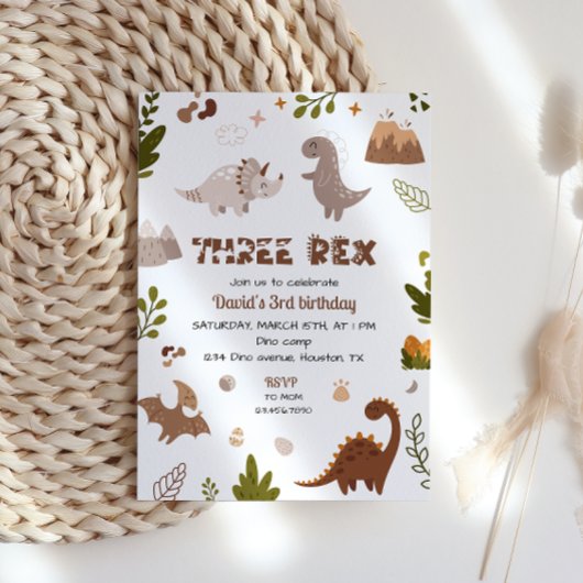 Invitation Cute Neutral Trois Rex Dinosaur Anniversaire