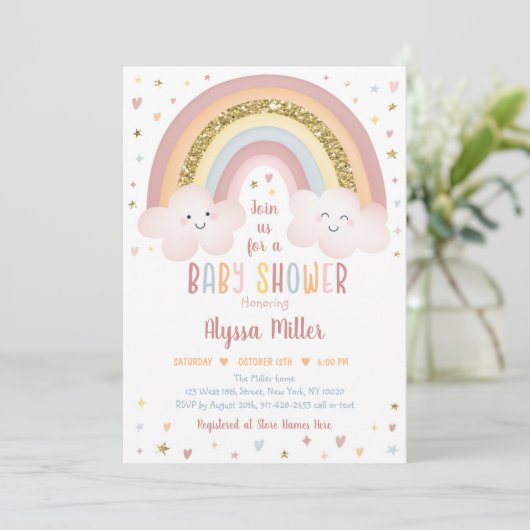Invitation Cute Neutre Boho Rainbow Clouds Baby shower (Debout devant)