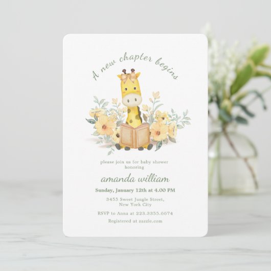 Invitation Cute New Chapter Begins Garden Giraffe Baby Shower (Debout devant)