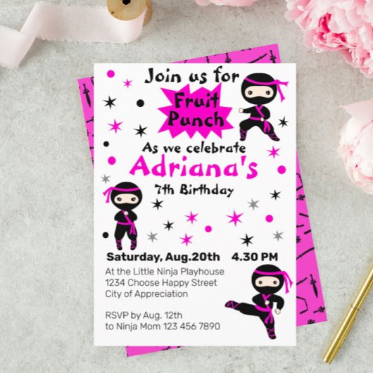 Invitation Cute Ninja Enfants Guerriers Filles Rose Anniversa