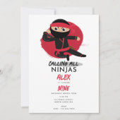 Invitation Cute Ninja Guerrier Enfants Noir & Rouge fête d'an (Devant)