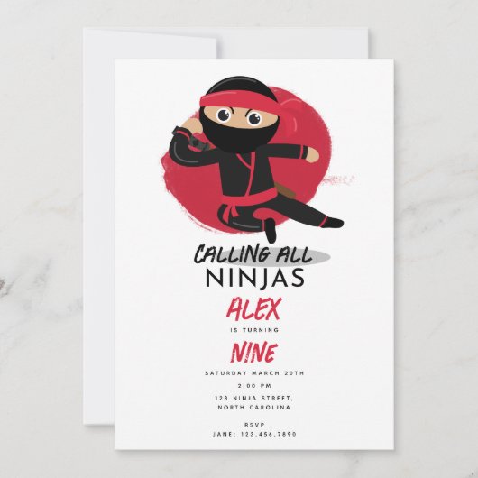 Invitation Cute Ninja Guerrier Enfants Noir & Rouge fête d'an (Devant)