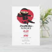 Invitation Cute Ninja Guerrier Enfants Noir & Rouge fête d'an (Debout devant)