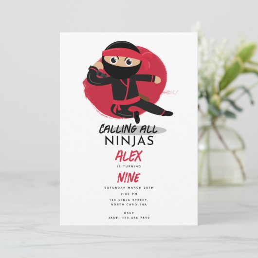 Invitation Cute Ninja Guerrier Enfants Noir & Rouge fête d'an (Debout devant)