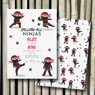 Invitation Cute Ninja Guerrier Enfants Noir & Rouge fête d'an
