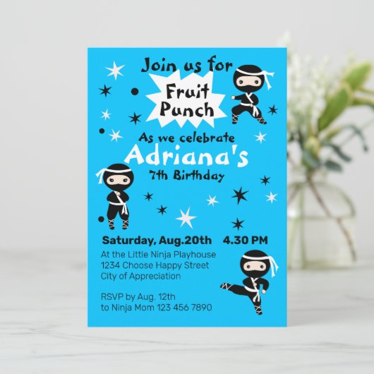 Invitation Cute Ninja Guerrière Filles Bleu Anniversaire (Debout devant)