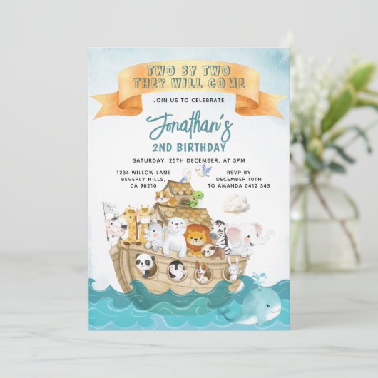 Invitation Cute Noah's Ark 2nd Birthday Two By Two Adventure (Debout devant)