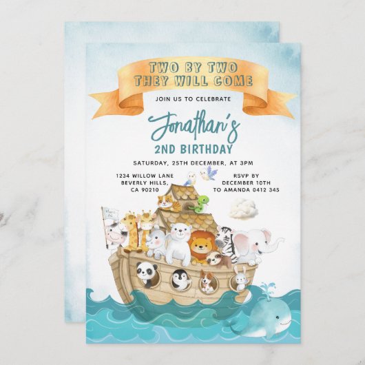 Invitation Cute Noah's Ark 2nd Birthday Two By Two Adventure (Devant / Derrière)