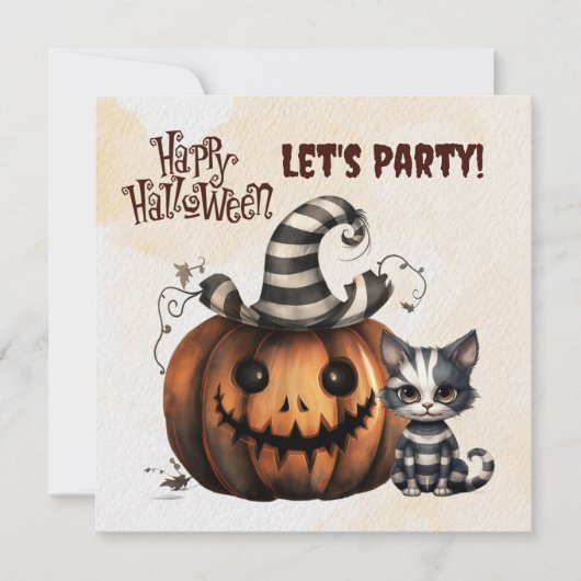 Invitation Cute Noir et Blanc rayé Halloween Kitten (Devant)
