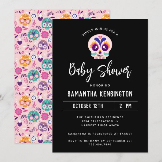 Invitation Cute noir Halloween Pink Sugar Baby shower crâne (Devant / Derrière)