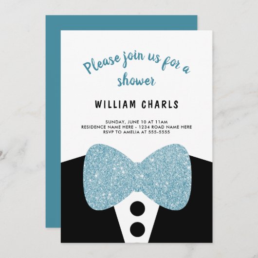Invitation Cute Noir Tuxedo Parties scintillant Bleu Baby sho (Devant / Derrière)