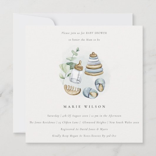 Invitation Cute Nursery Essential Leafy Blue Boy Baby shower (Devant)