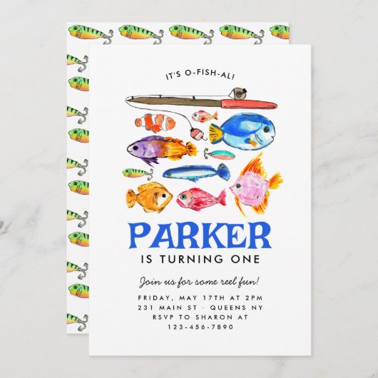 Invitation Cute O-Fish-al Reel Amusant Pêche Poisson Annivers (Devant / Derrière)