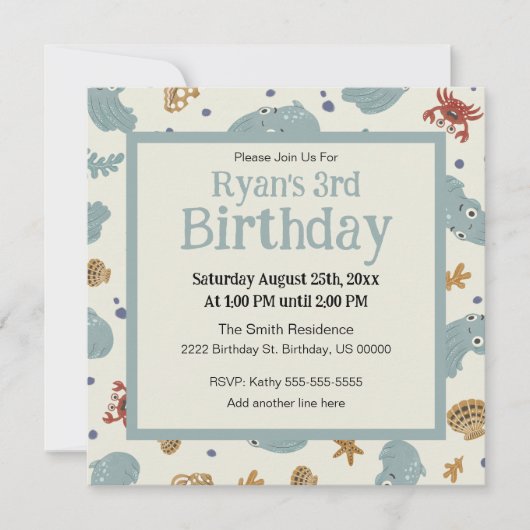 Invitation Cute Ocean Animals Baby/Toddler Custom Birthday (Devant)