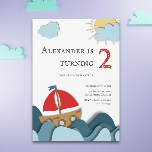 Invitation Cute Ocean Nautical Sail Boy 2e anniversaire