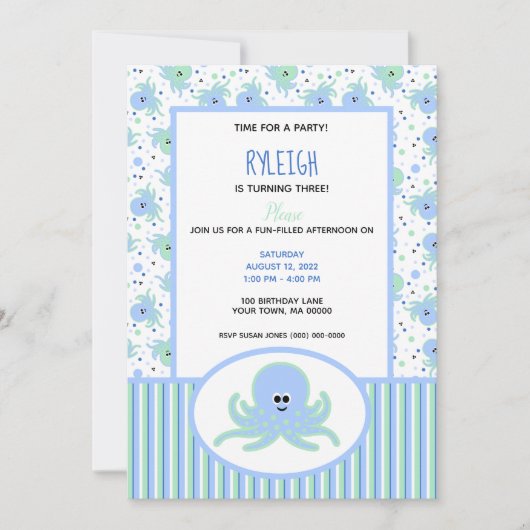 Invitation Cute Octopus Pastel Bleu et Vert Anniversaire (Devant)