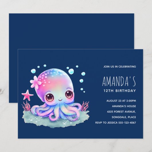 Invitation Cute Octopus Sea Creatday (Devant / Derrière)