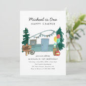 Invitation Cute One Happy Camper Trees Camping 1er anniversai (Debout devant)