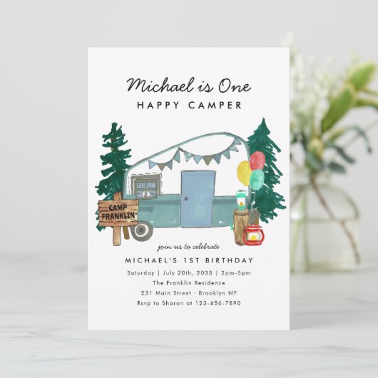 Invitation Cute One Happy Camper Trees Camping 1er anniversai (Debout devant)