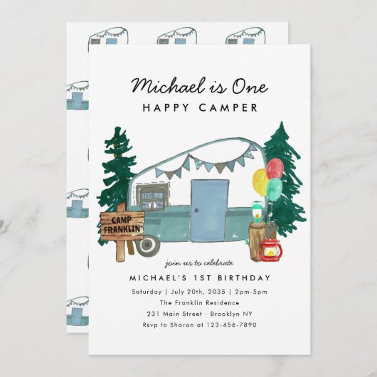 Invitation Cute One Happy Camper Trees Camping 1er anniversai (Devant / Derrière)