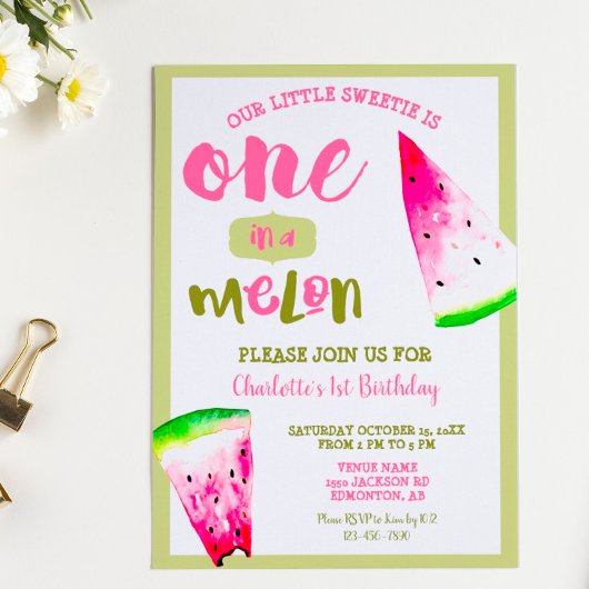 Invitation Cute One in a Melon 1er Anniversaire Rose Green