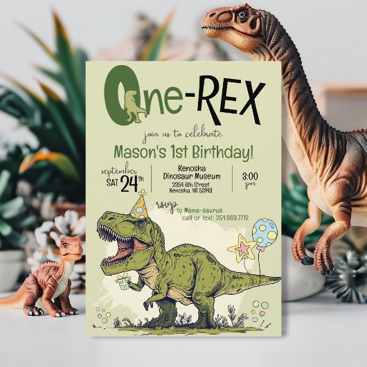 Invitation Cute One-Rex Dinosaur Cartoon 1st Birthday Party