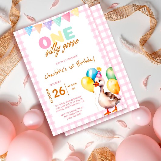Invitation Cute One Silly Goose Pink Plaid Girl 1er anniversa