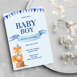 Invitation Cute Orange Blue Watercolor Fox Boy Baby shower