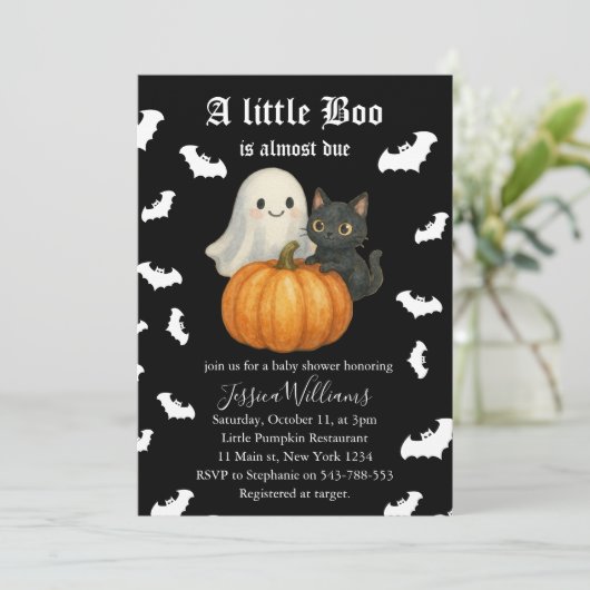 Invitation Cute Orange Pumpkin Cat Bats Halloween Baby Shower (Debout devant)