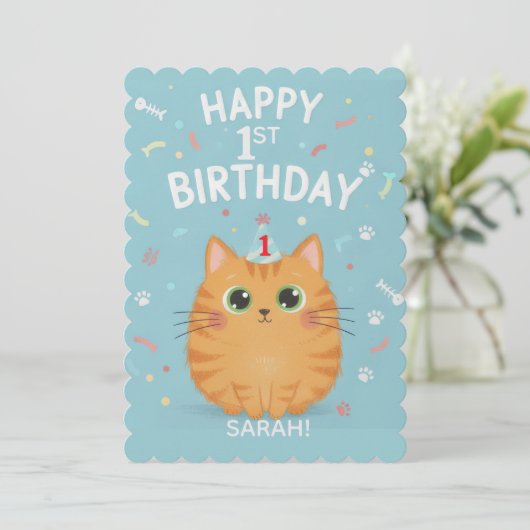 Invitation Cute Orange Tabby Cat 1st Birthday | Customizable  (Debout devant)