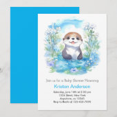 Invitation Cute Otter Blue Floral Boy Baby shower (Devant / Derrière)