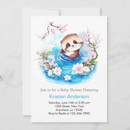 Invitation Cute Otter Enchanted Blue Floral Boy Baby shower (Devant)