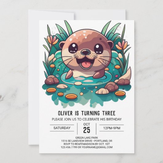 Invitation Cute Otter Enfants Aquarelle Anniversaire (Devant)
