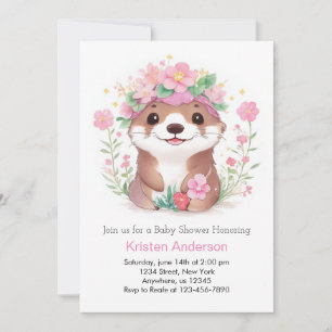 Invitation Cute Otter Wonderland Baby shower fille rose