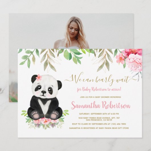Invitation Cute Ours Blush rose Baby shower Floral Photo (Devant / Derrière)
