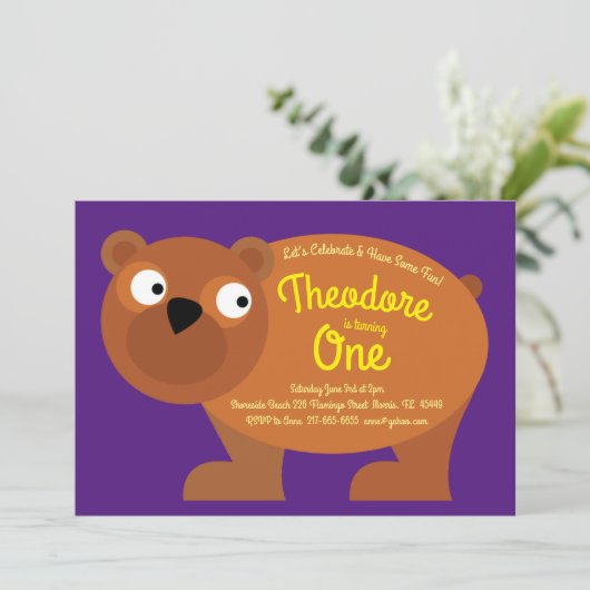 Invitation Cute Ours Brown Enfants 1er Anniversaire Fête Invi (Debout devant)