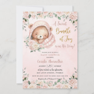 Invitation Cute Ours En Teddy Blush Rose Floral Baby shower F