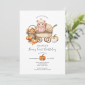 Invitation Cute Ours En vichy Citrouille rose Premier anniver (Debout devant)