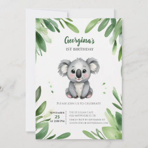 Invitation Cute Ours Koala avec Feuilles verts premier annive