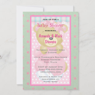 Invitation Cute ours mignon habillé en Baby shower rose