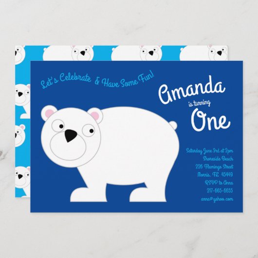 Invitation Cute Ours Polaire Enfants 1er Anniversaire Fête In (Devant / Derrière)