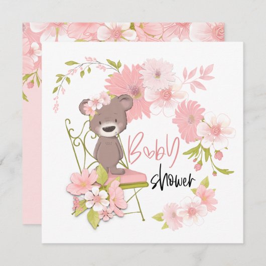 Invitation Cute Ours Rose Blanc Florals Fille Baby shower (Devant / Derrière)