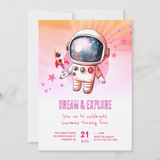 Invitation Cute Outerspace Explorez 4e anniversaire (Devant)